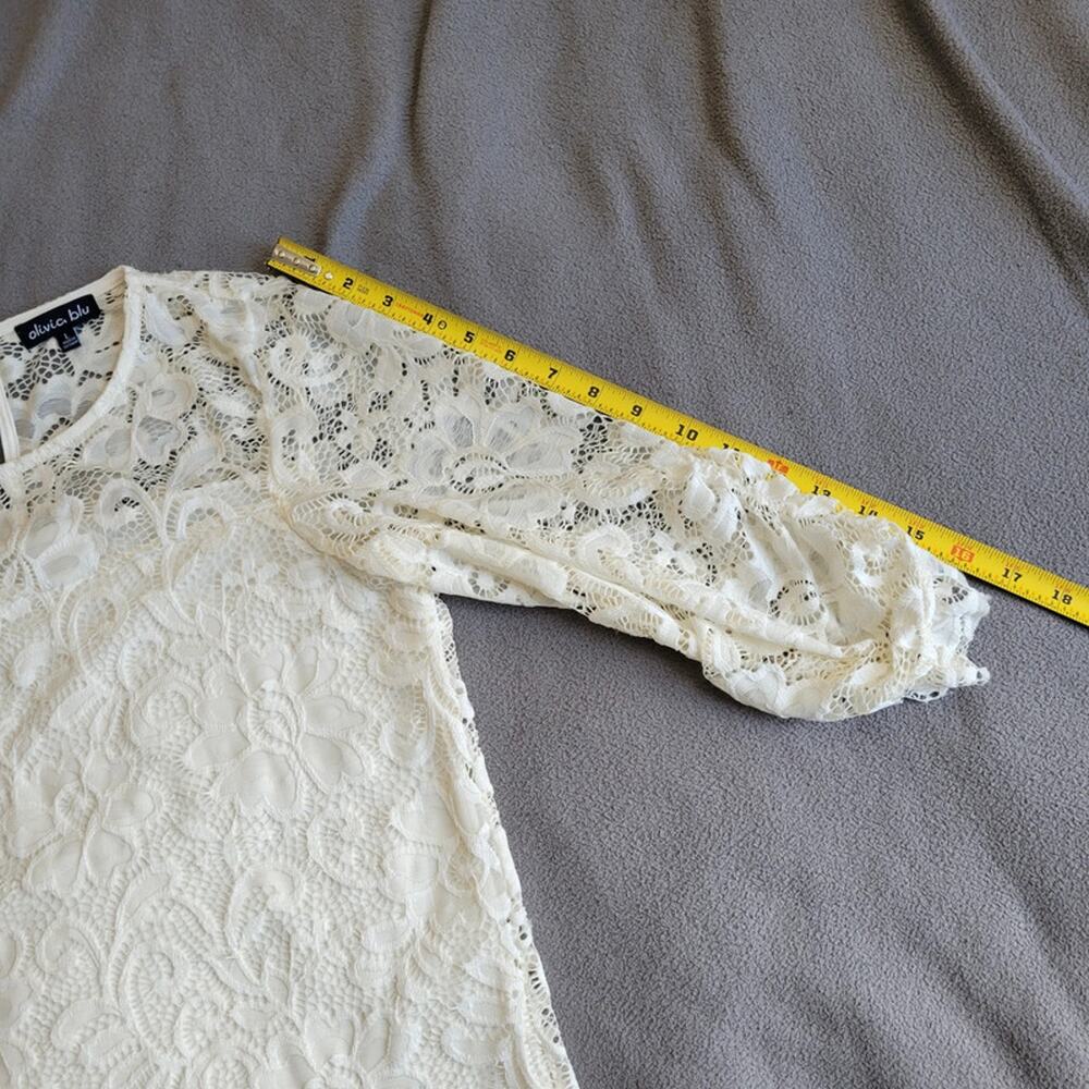 OLIVIA BLU Floral Lace Blouse Womens Large Cream 3/4 Sleeve Scrunched Lining - Picture 9 of 13